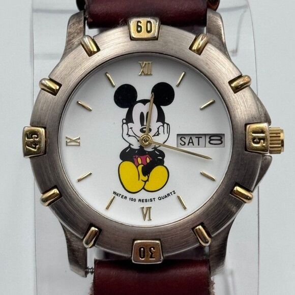 Disney Time Works Watch Mickey Mouse Day Date Brown Leather Band Unisex Vintage - Picture 3 of 8